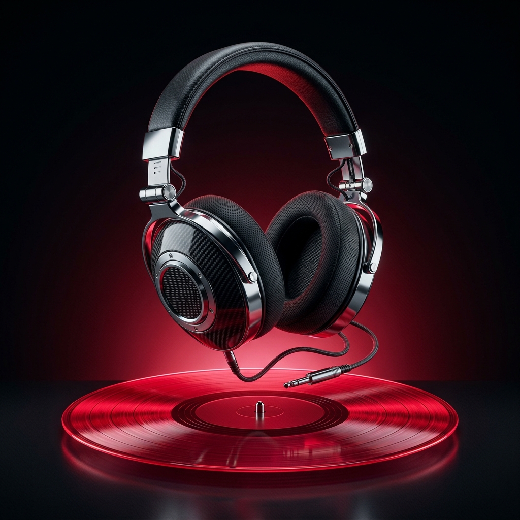 Sculptural chrome headphones above an illuminated violet record